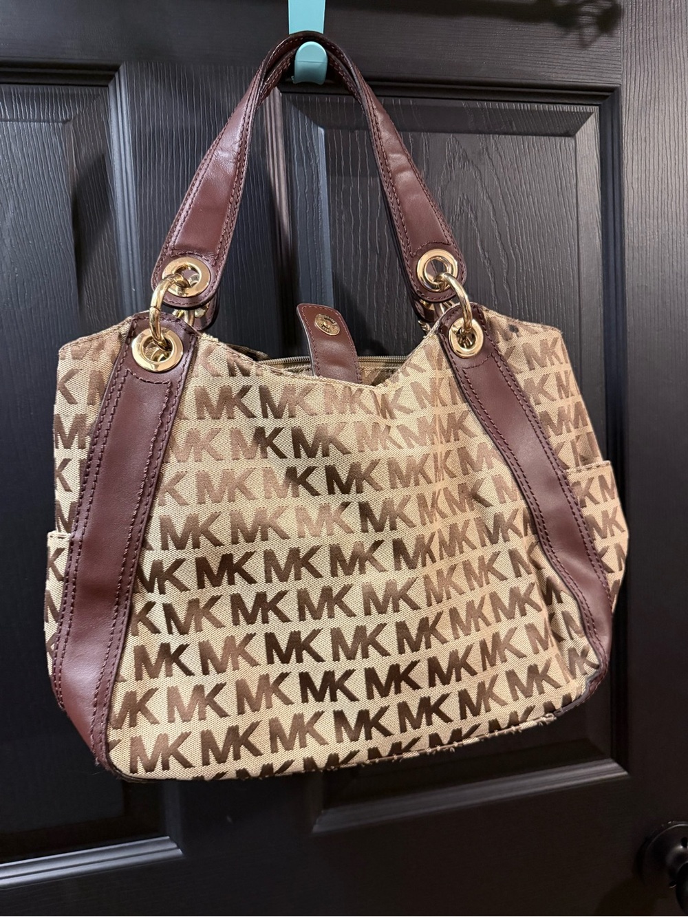 Michael Kors Brown MK Logo Canvas Shoulder Bag with Dark Brown Trim
